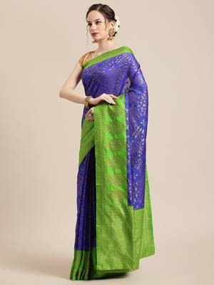 Blue pure dupion silk woven saree with blouse 3