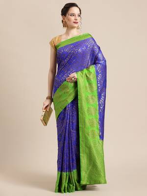 Blue pure dupion silk woven saree with blouse 4