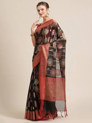 Black silk woven saree with blouse 3