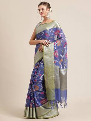 blue silk woven saree with blouse 3