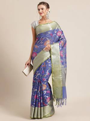 blue silk woven saree with blouse 4