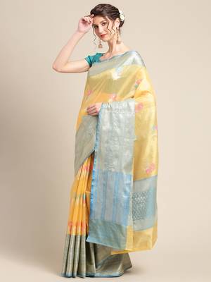 Gold silk woven saree with blouse 3