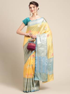 Gold silk woven saree with blouse 4