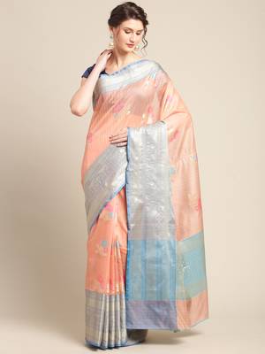 Peach silk woven saree with blouse 1