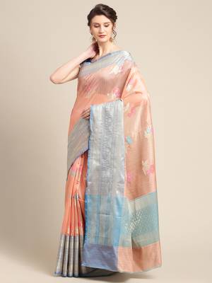 Peach silk woven saree with blouse 3