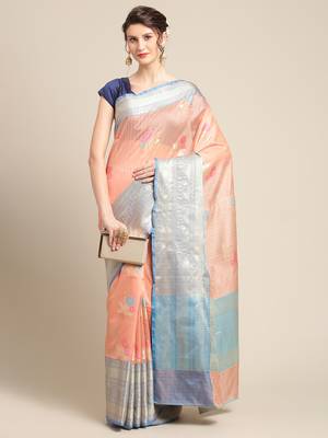Peach silk woven saree with blouse 4