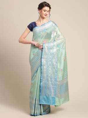 green silk woven saree with blouse 1
