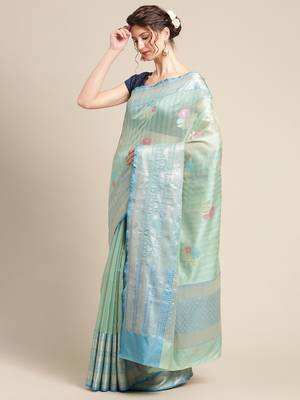 green silk woven saree with blouse 3