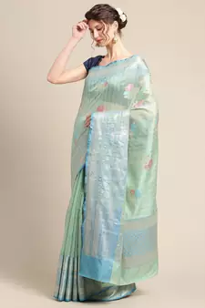 green silk woven saree with blouse