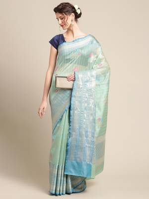 green silk woven saree with blouse 4