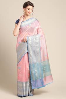 Pink silk woven saree with blouse