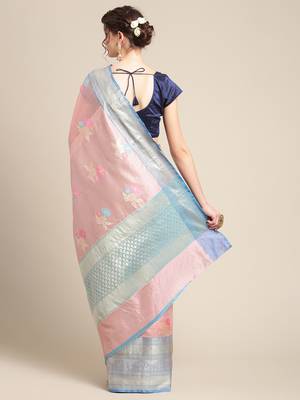 Pink silk woven saree with blouse 2