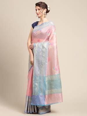Pink silk woven saree with blouse 3