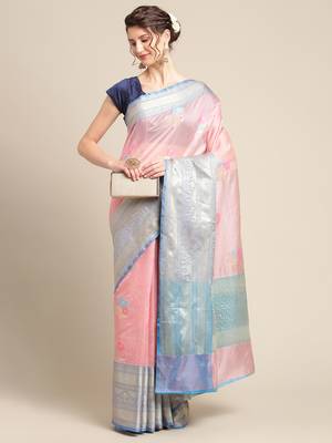 Pink silk woven saree with blouse 4