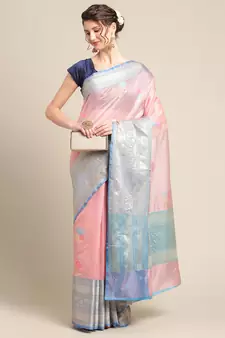 Pink silk woven saree with blouse