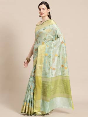 green silk woven saree with blouse 1