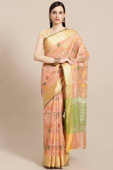 Peach silk woven saree with blouse