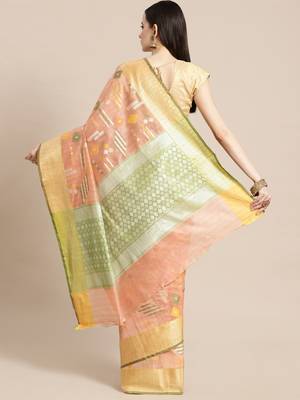 Peach silk woven saree with blouse 2