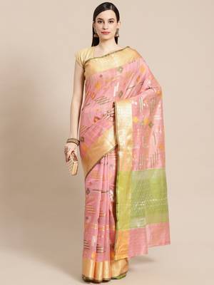 Pink silk woven saree with blouse 1