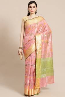 Pink silk woven saree with blouse