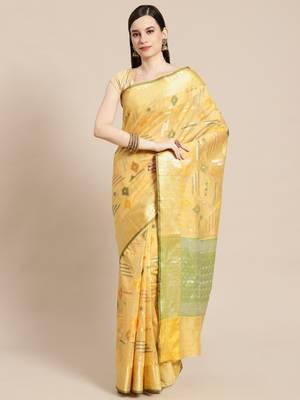 Gold silk woven saree with blouse 1