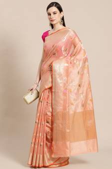 Pink silk woven saree with blouse