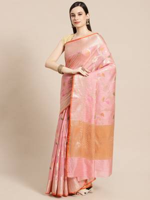 Peach silk woven saree with blouse 1
