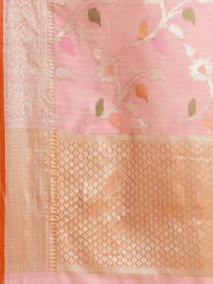 Peach silk woven saree with blouse 4