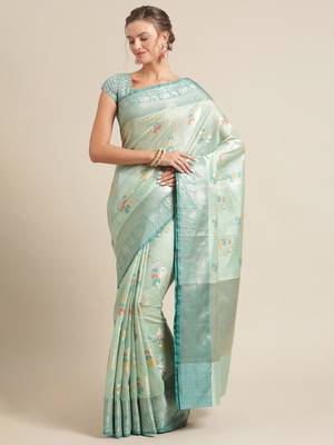green silk woven saree with blouse 1