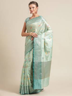 green silk woven saree with blouse 3