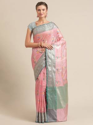 Pink silk woven saree with blouse 1