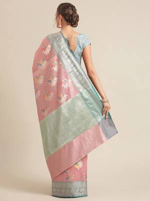Pink silk woven saree with blouse 2