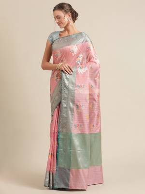 Pink silk woven saree with blouse 3