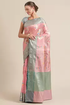 Pink silk woven saree with blouse