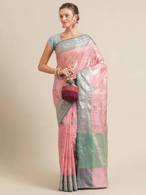 Pink silk woven saree with blouse 4