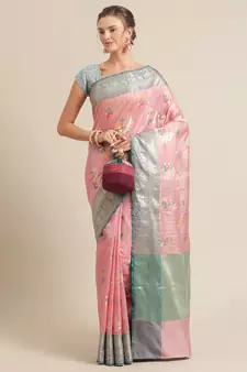 Pink silk woven saree with blouse