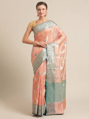 Peach silk woven saree with blouse 1