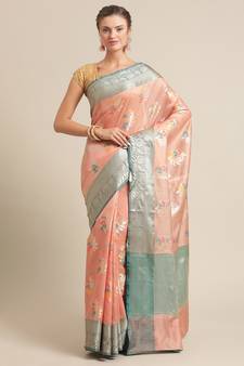 Peach silk woven saree with blouse