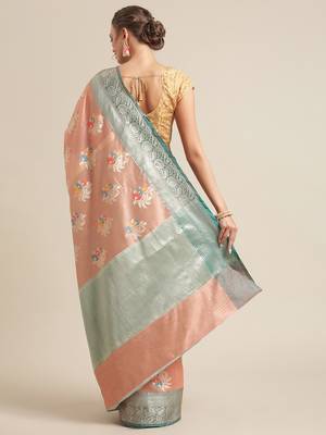 Peach silk woven saree with blouse 2