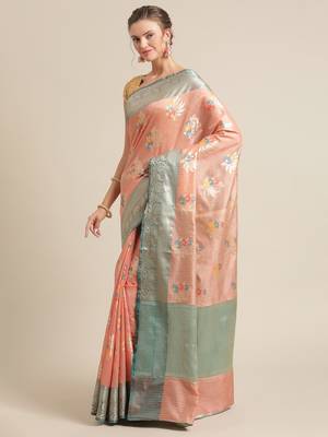 Peach silk woven saree with blouse 3