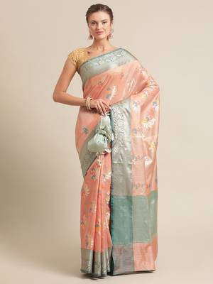Peach silk woven saree with blouse 4