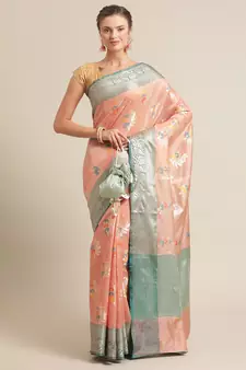 Peach silk woven saree with blouse
