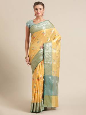 Gold silk woven saree with blouse 1