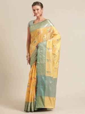 Gold silk woven saree with blouse 3