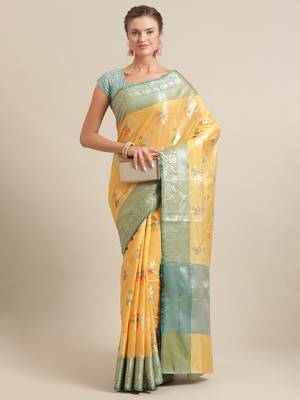 Gold silk woven saree with blouse 4