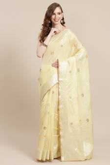 Beige cotton woven saree with blouse