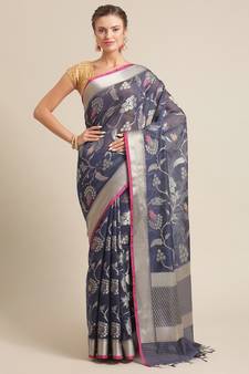 Blue cotton woven saree with blouse
