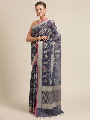 Blue cotton woven saree with blouse 3