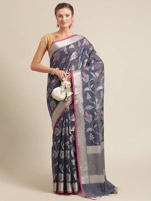 Blue cotton woven saree with blouse 4