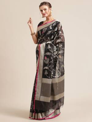 Black cotton woven saree with blouse 3